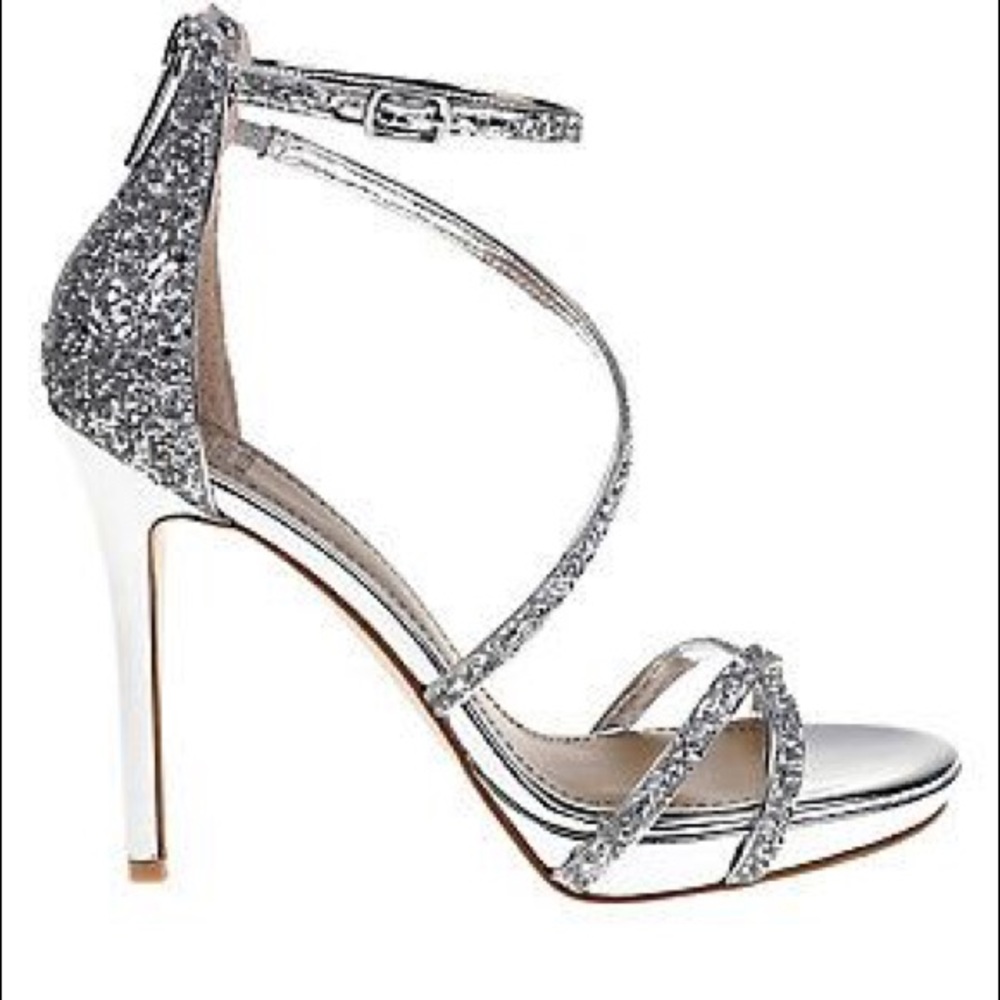 BELLE BADGLEY MISCHKA GLITTER STRAP HEELS 5.5